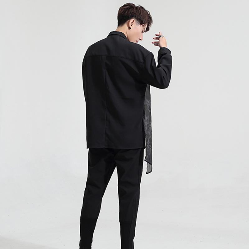 Dark Street Personality Irregular Mesh Patchwork Slim Black Shirt Long Sleeve Men Men's Casual Shirts