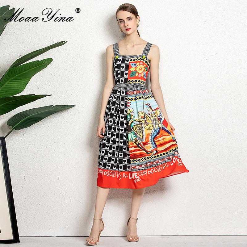 Summer Runway Fashion Spaghetti Strap Dress Women's Jigsaw Flower Print High waist Vintage Party Midi 210524