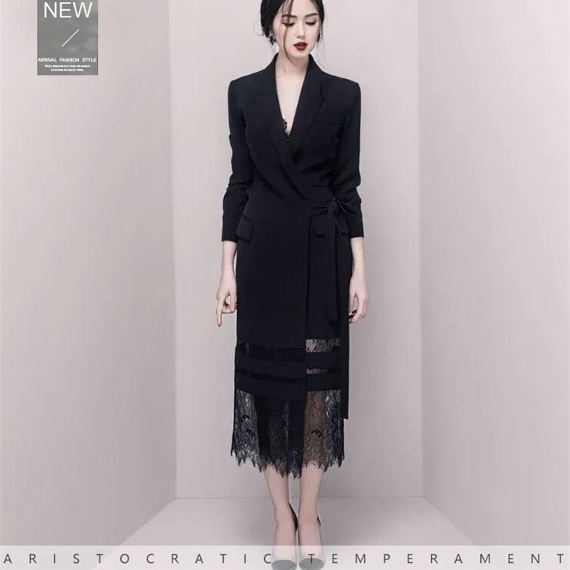 Spring High Quality Lace Up Blazer Patchwork Lace Dress Women Fashion Long Sleeve Hollow Out Empire Mid Dresses 210515
