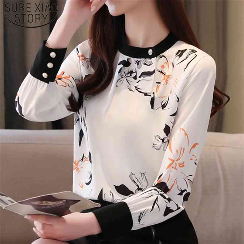 Korean Fashion Clothing Womens Tops and Blouses Chiffon Blouse Button Print O-Neck OL Shirts 8521 50 210506