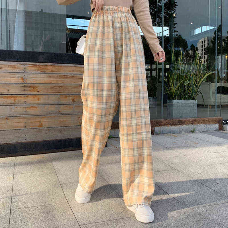 INS Baggy Blue Pants Lady Oversized Wide Leg Plaid Slacks Harem Student Autumn Purple Pink Long Flare Trousers 211115