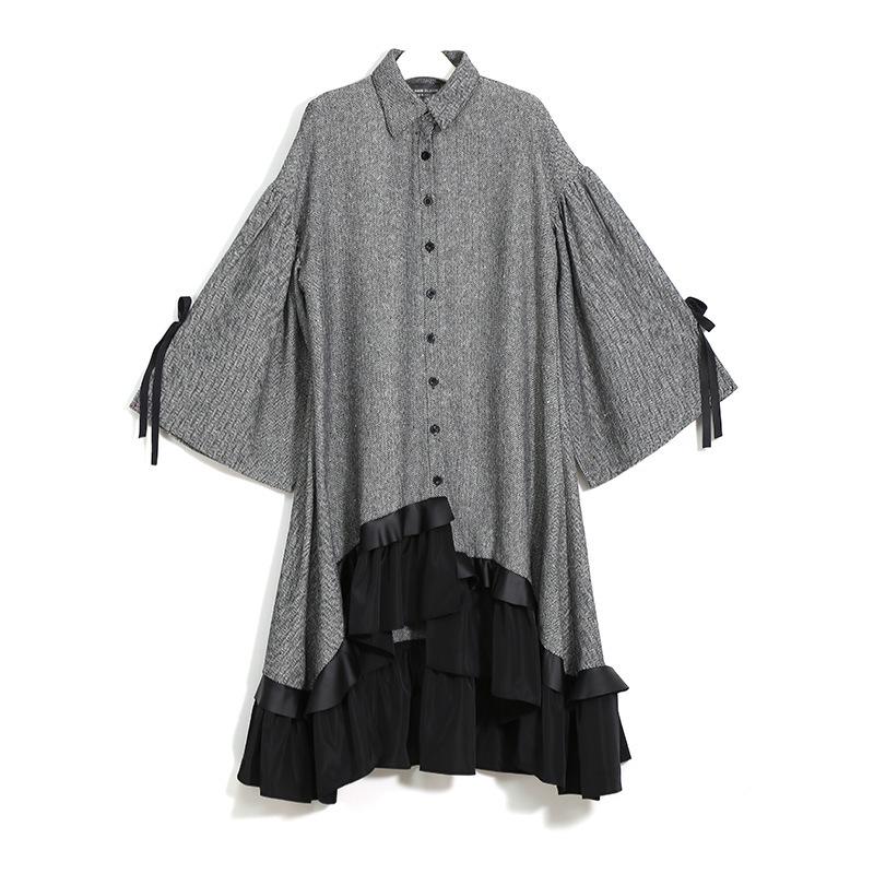 Casual Dresses Women Dress Elegant Irregular Hem Spring And Autumn Temperament Loose Ruffle Solid Flare Sleeve Lugentolo