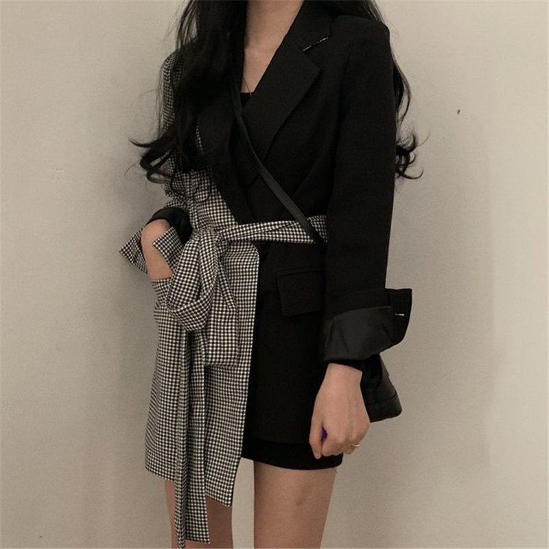 Korean Patchwork Chic Plaid Irregular Fashion Slim Autumn Full Sleeves High Quality Lace-Up Women OL Blazers 210421