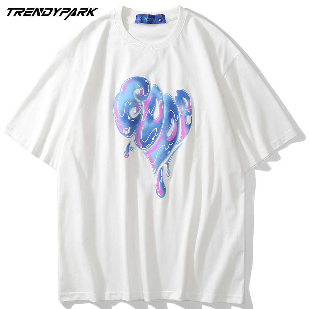 Tees Shirts Streetwear Hip Hop Foaming Printing Melting Heart Punk Rock Gothic Tshirts Harajuku Fashion Casual Tops 210601