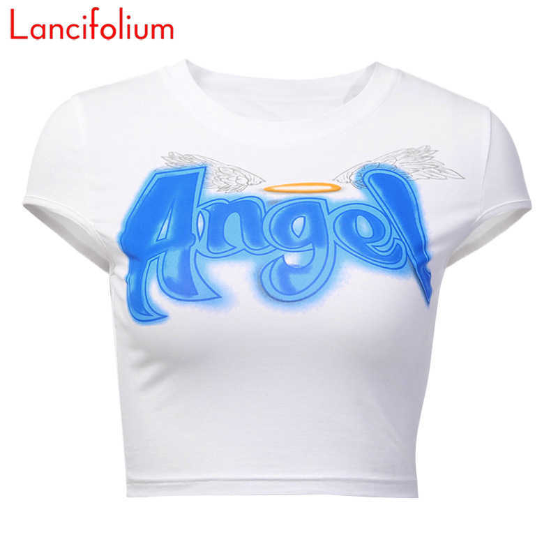 Yedinas Sexy Crop Top Women Summer Angel Letter Graphic Y2k Aesthetic ped Tee Shirt Ladies Baddie Egirl Cute 210527