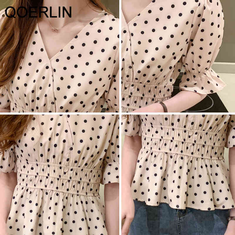 QOERLIN Vintage Polka Dot Blouse Women Summer Korean V Neck Short Sleeve Shirt Female Plus Size Flare Sleeve Top Shirts 210412