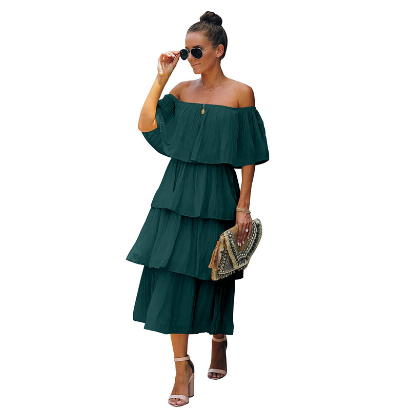 Women Dress Slash Neck Off Shoulder Ruffles Bohemian es High Waist Cake Maxi Loose Long Plus Size es 210524