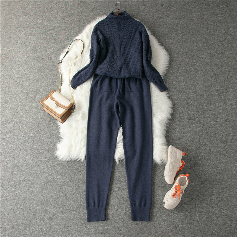 Nomikuma Women Sweater Pants Two Pieces Outfits Half Turtleneck Twisted Knitted Pullover + Lace Up Waist Harem Sweatpants 6C360 210427