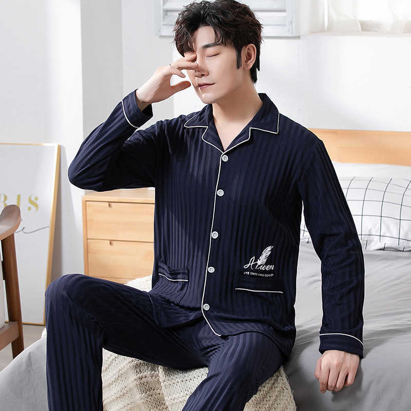 Men 100% Cotton Pajamas Set Winter Long Sleeve Pyjama Turn-down Collar Cardigan Loose Soft Plus Size L-5XL Male Sleepwear Suit 211019