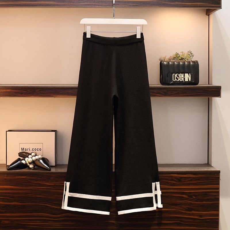 Fashion Spring Knitted Two Piece Set Women's Plus Size Pullovers Tops + High Waist Split Wide-Leg Pants Suits 210520