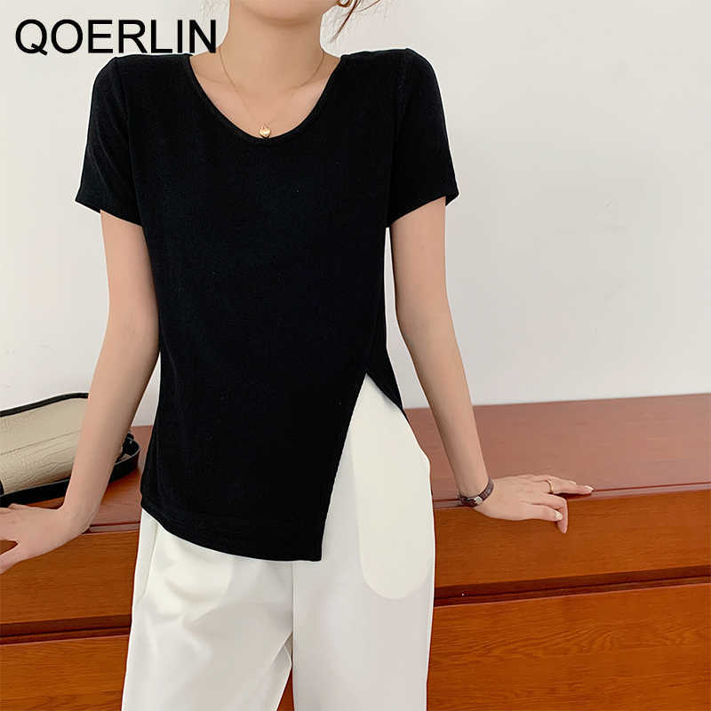 Summer U Neck Short Sleeve T-Shirt Female Korean Side Split Loose Casual Vintage Solid Black White Tees Women 210601