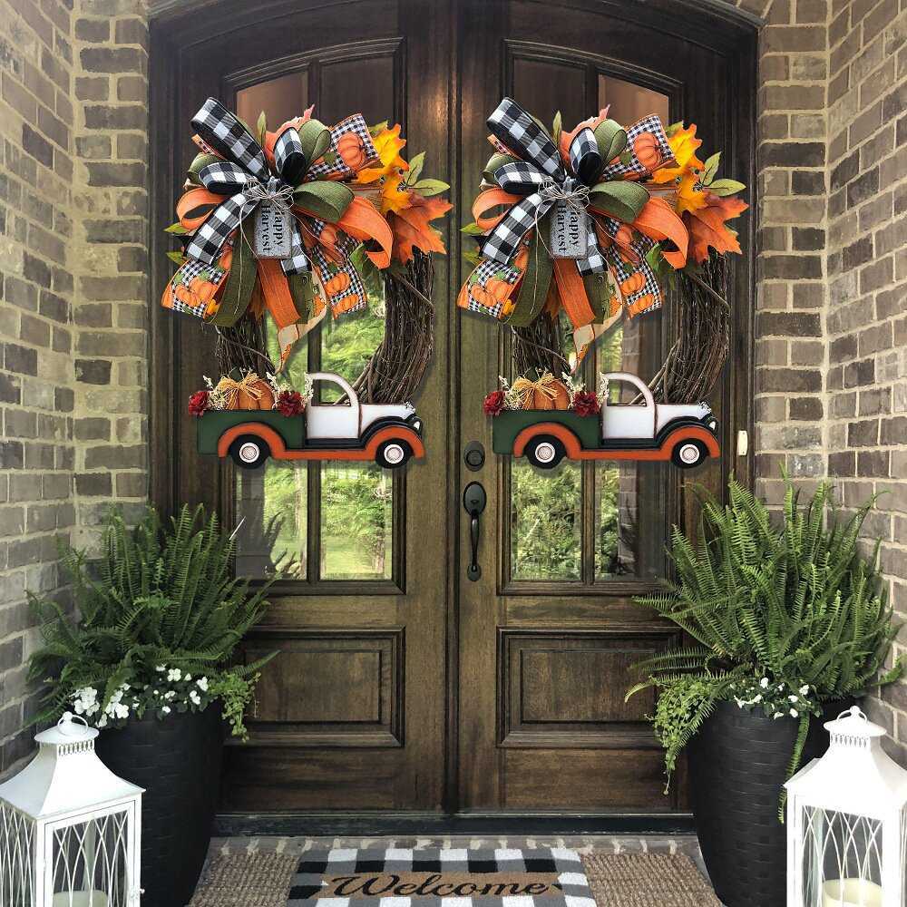 Pumpkin Truck Wreath Fall For Front Door Farm Fresh Sign Autumn Decoration Halloween Stolen Doorplate Decor Q08123317291