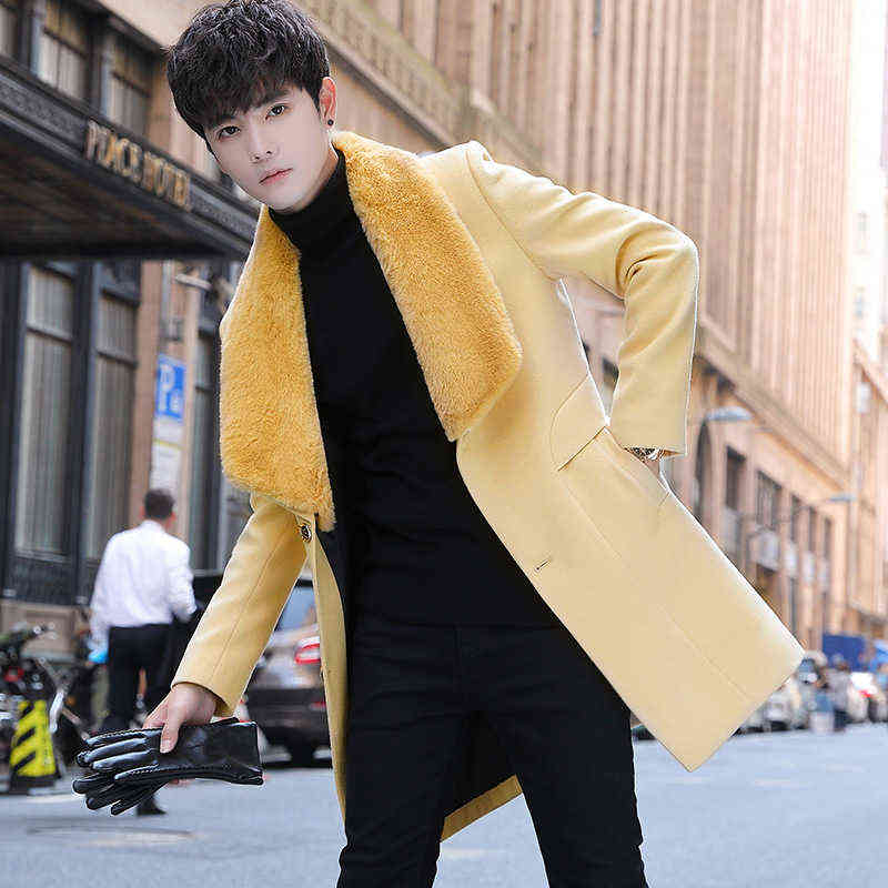 Winter Thicker Jackets Mens Wool Trench Coat Fur Collar Keep Warm Long Overcoat Men Casual Windbreaker Erkekler Ceket 211122
