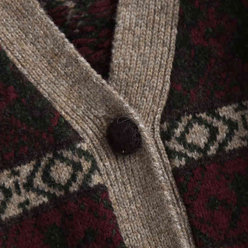 Retro Tribal Ethnic Style Jacquard Sweater Long Sleeve V-Neck Knitted Cardigan Autumn And Winter Sweet Floral Jacket 210521