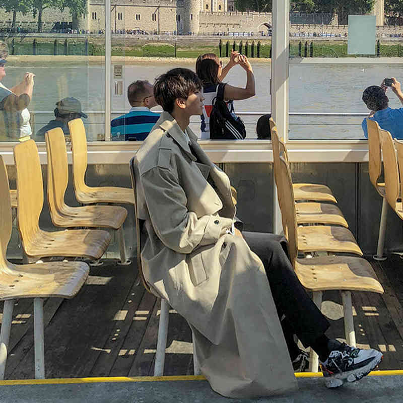 IEFB /Men's Wear Spring Fashion Handsome Windbreaker Trend Overcoat Loose Long Coat For Male Overknee Windbreaker 9Y880 210524