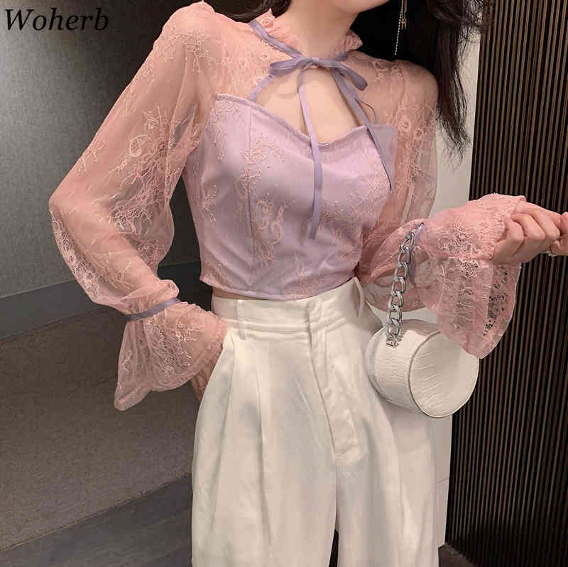 Women Shirt See Through Gauze Patchwork Lace Tops Bowkout Lace-up Stand Neck Hollow Out Flare Long Sleeve Crop Top Blouse 210519