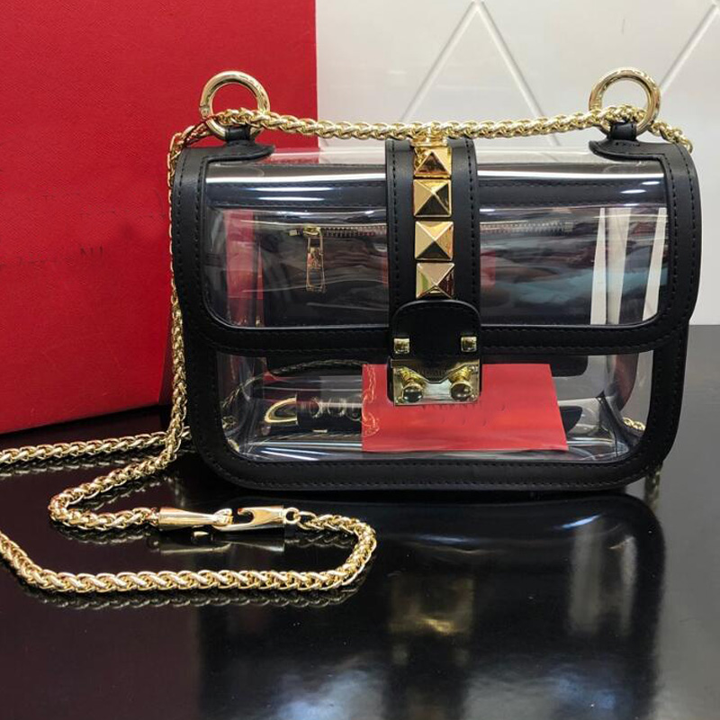 Messenger Bags Chain Shoulder Bag Women Purse Fashion Clear Pvc Transparent Gold Hardware Buckle Rivet Interior Zipper High Quality
Messenger Bags Chain Shoulder Bag Women Purse Fashion Clear Pvc Transparent Gold Hardware Buckle Rivet Interior Zipper High Quality