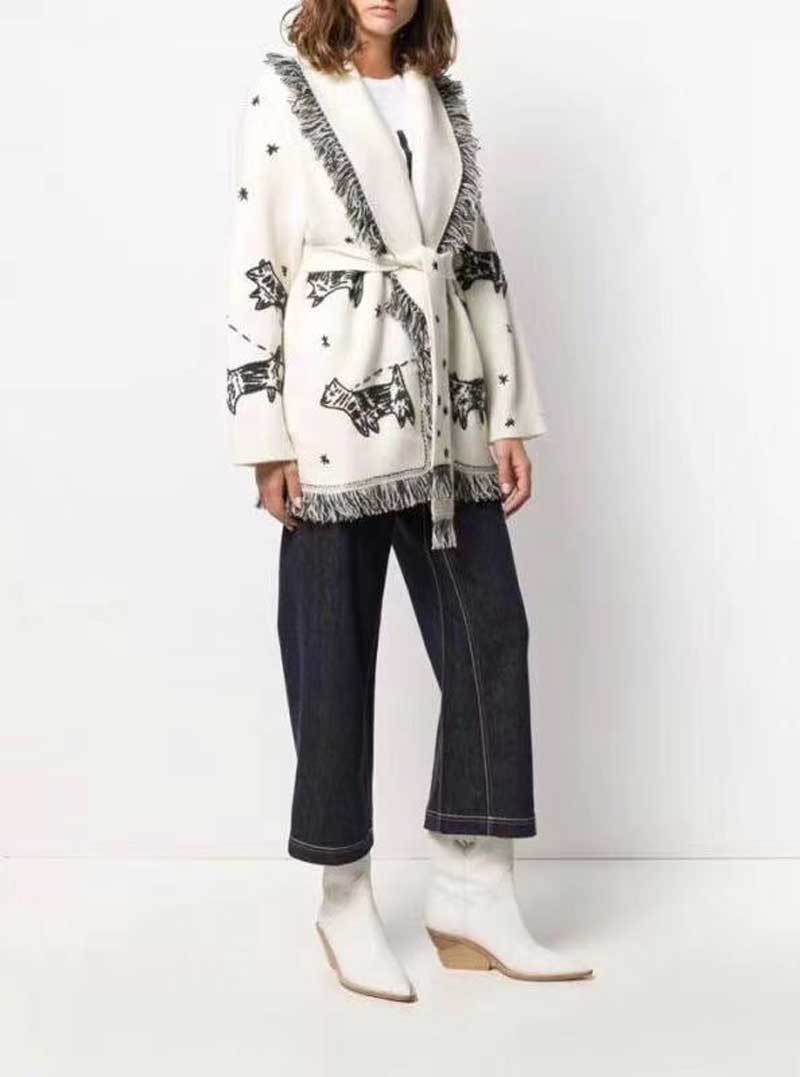 Inspired Wool Cashmere Cardigan embroidery animals belted White Women Sweaters Cardigans Sweatercoats autumn witner warm 210412