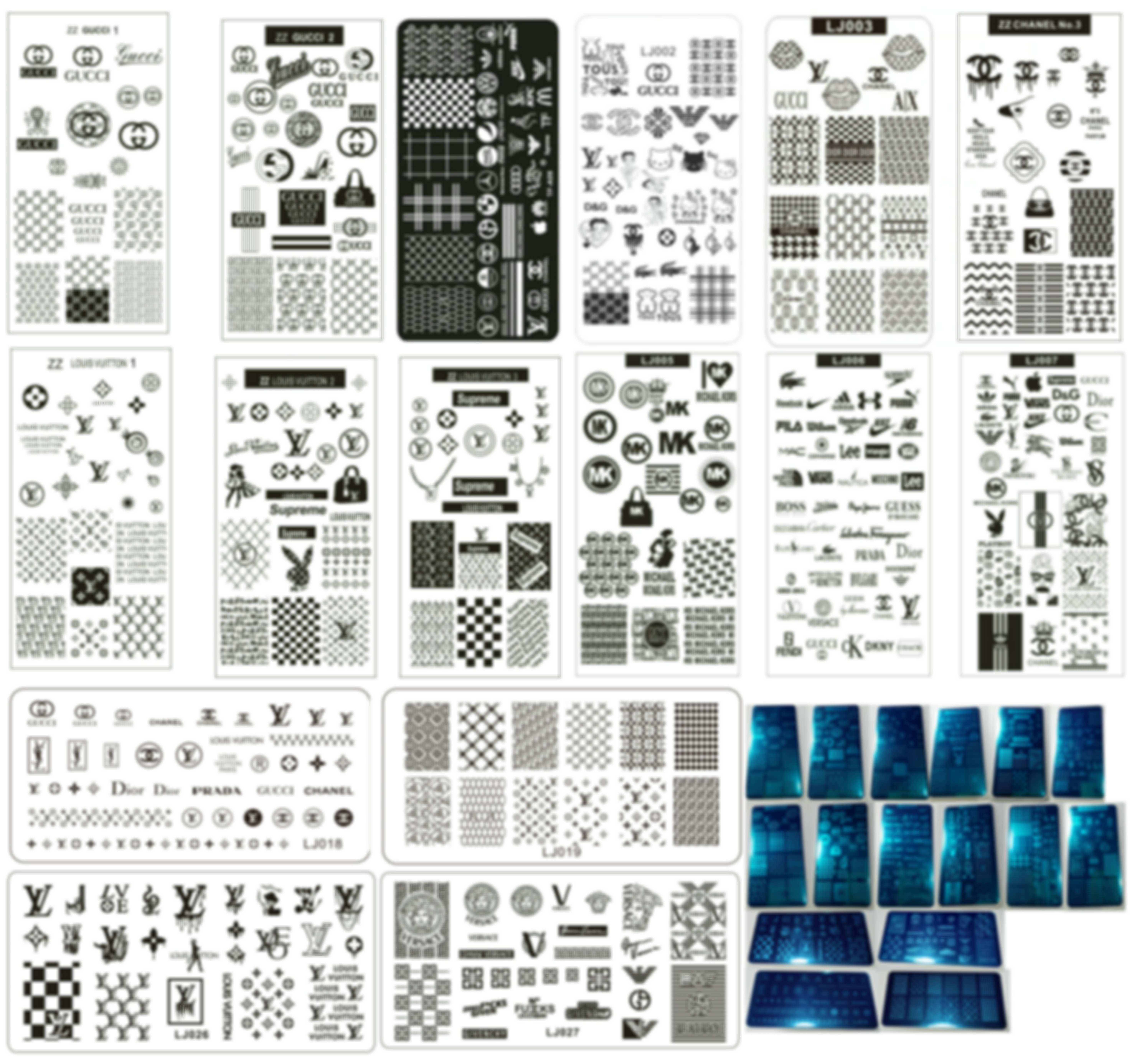 NEWEST!!! 16pcs Mixed Luxury Brand LOGO Designs Nail Art Stamping Plate Stamp XL BIG Full French Design Image Stencil Transfer Polish Print Template w/ Plastic Sheet
NEWEST!!! 16pcs Mixed Luxury Brand LOGO Designs Nail Art Stamping Plate Stamp XL BIG Full French Design Image Stencil Transfer Polish Print Template w/ Plastic Sheet