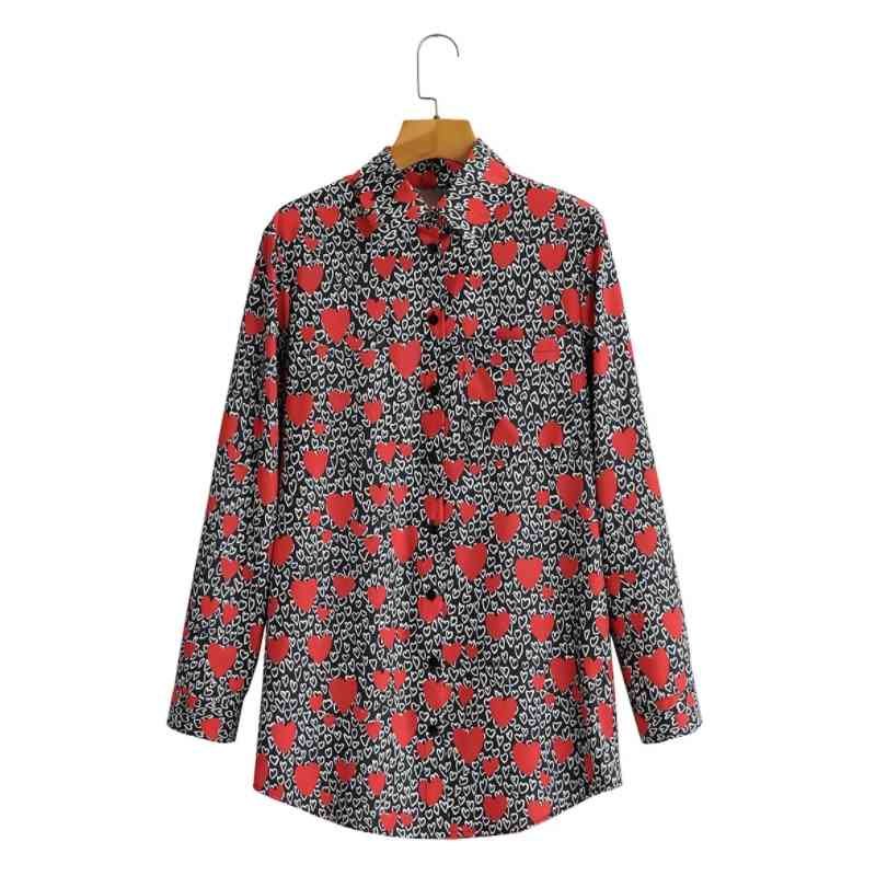 Spring Women Peach Heart Printing Casual Shirt Female Turndown Collar Long Sleeve Blouse Loose Tops Blusas S8571 210430