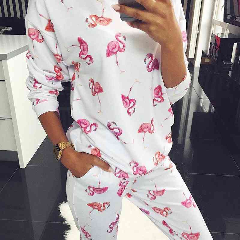 2 piece set women long sleeve tops&long pants flamingo print two outfits sport simple casual 210520
