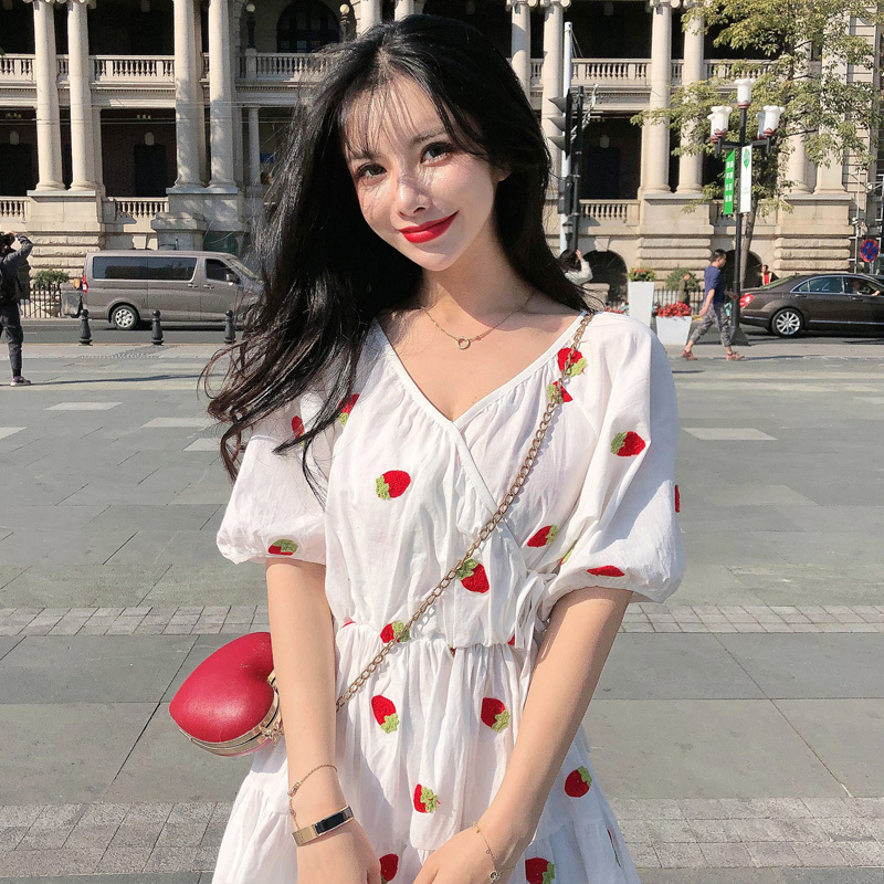 Korean Lantern Short-Sleeve Summer Dress Cotton Vintage Plus Size Print for Women V Neck Midi Vestidos 9372 210427