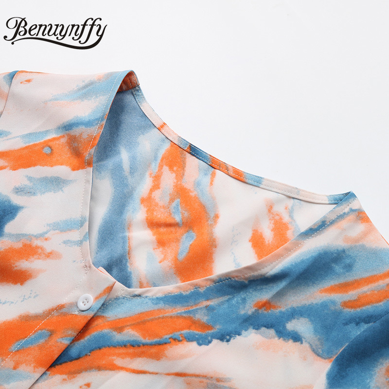 V-neck Half Sleeve Tie Dye Shirt Dresses Women Summer Casual Fashion A-line Split Midi Dress with Belt 210510