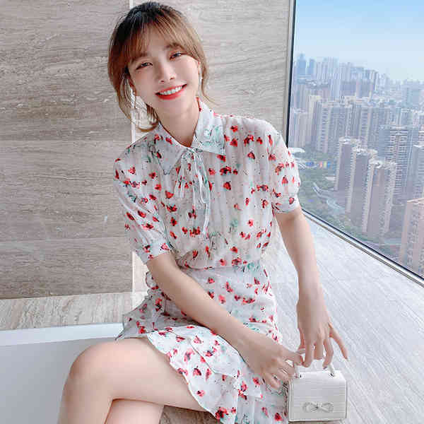 Summer Two-piece Set Women Chiffon Flower Print Lapel Short Sleeve Blouses + Ruffles Mini Skirt Female Sweet Outfit 210519