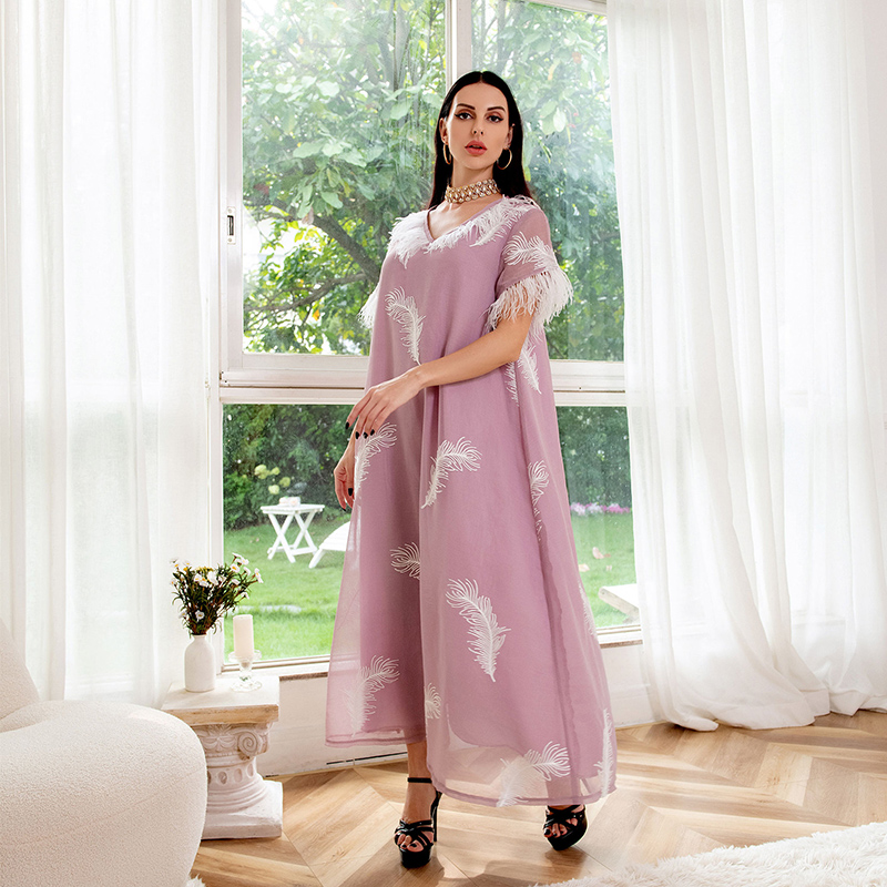 Mesh Feathers Embroidery Dress Women's Abaya Loose Vestidos V Neck Short Sleeve Fashion Party Dresses, As picture
Mesh Feathers Embroidery Dress Women's Abaya Loose Vestidos V Neck Short Sleeve Fashion Party Dresses, As picture