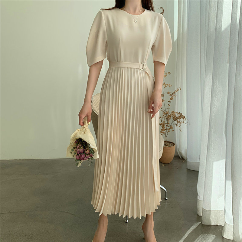 Women Elegance Brief Pleated Sweet OL Solid Slim Streetwear Short Sleeves Gentle Long Dresses Vestidos 210421