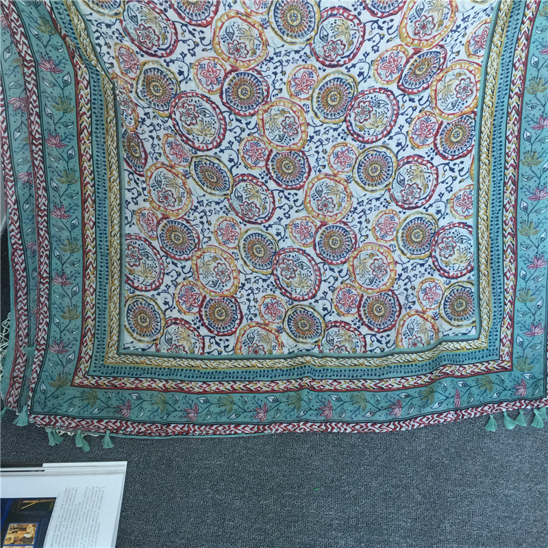 Spring and Summer New Retro Ethnic Fashion Holiday Sunscreen Silk Scarf Colored Cashew Small Plum Blossom Fringed Scarf Shawl