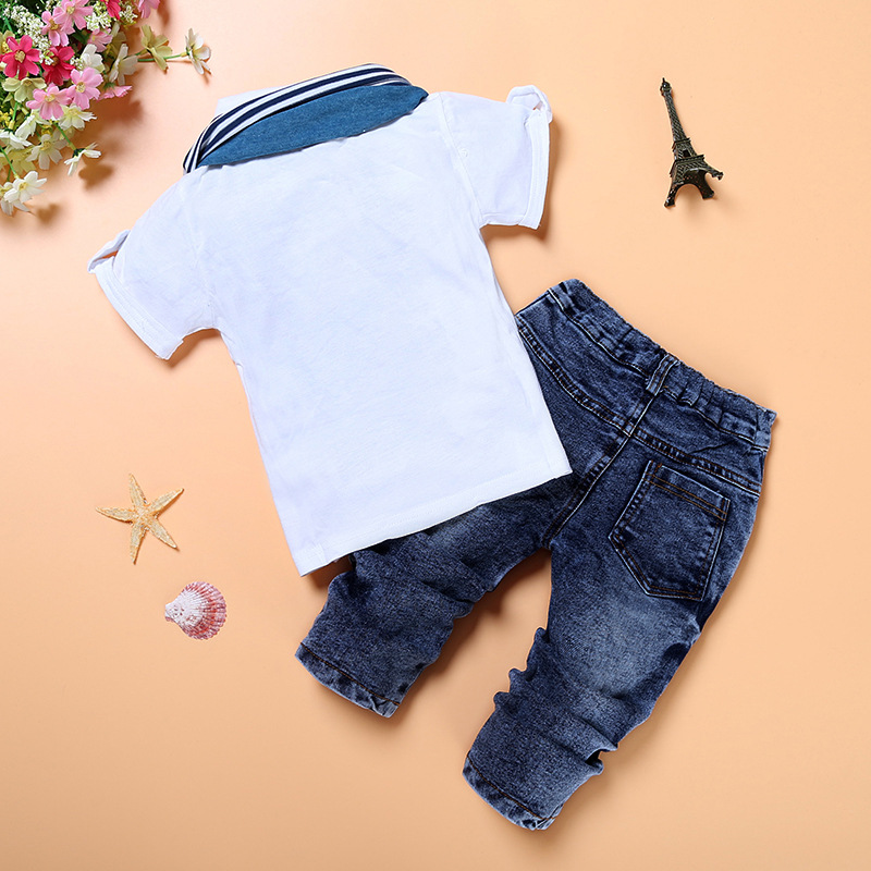 Summer fashion baby boys sets children set of shirt + Scarf+Jeans 3pc kids clothing boys suit