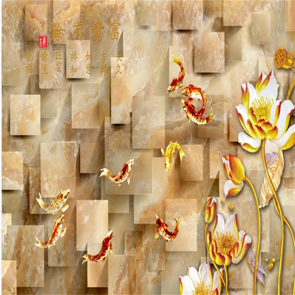 3d murals wallpaper for living room Three-dimensional background wall of lotus color carving nine fish figure