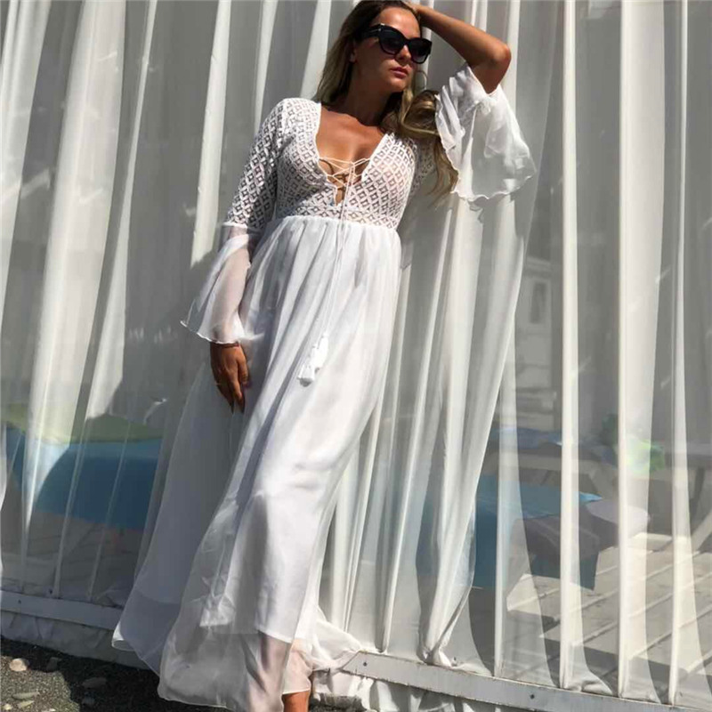 Long Lace Beach Cover up Robe de Plage Swimsuit Saida Praia longa Women Bathing suit cover Tunics for #Q589 210420
