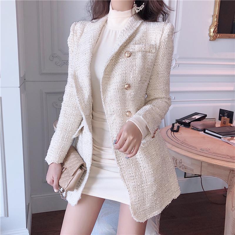 Runway Designer Blazer Women's Double Breasted Metal Button Long Sleeve Notched Collar Jacket Wool Blends Tweed Coat Suits & Blazers