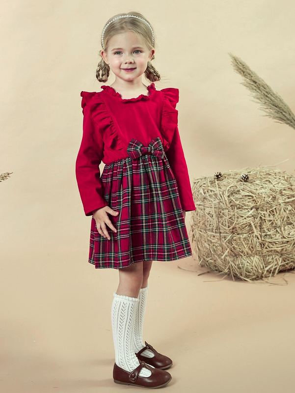 Toddler Girls Tartan Bow Front Ruffle Trim Frilled Neck Dress SHE