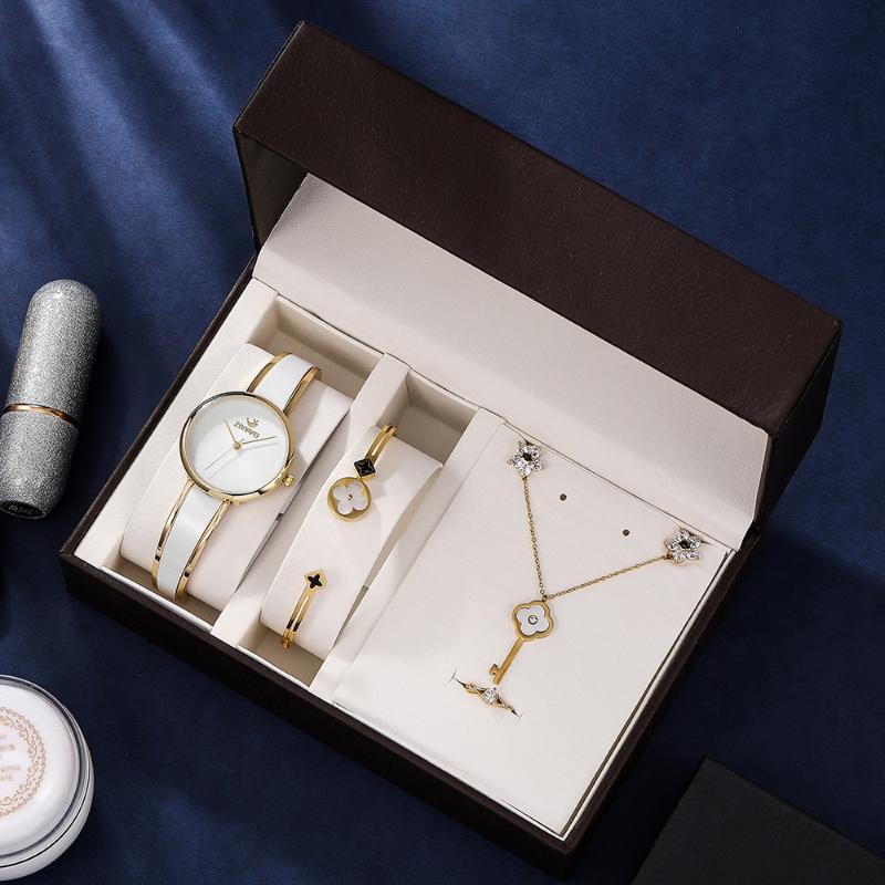 Wristwatches 5PCS Gift Box Watches Set Women Simple Fashion Dress With 316 Stainless Steel Bracelet Necklace Earring Ring, White
Wristwatches 5PCS Gift Box Watches Set Women Simple Fashion Dress With 316 Stainless Steel Bracelet Necklace Earring Ring, White