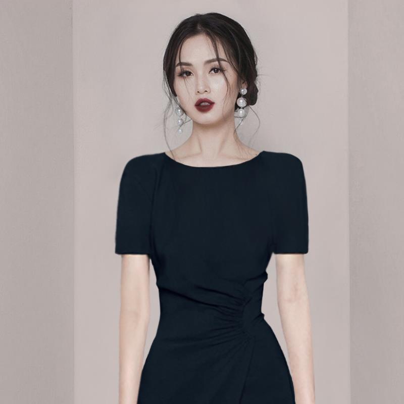 Vintage Fashion Irregular Mini Dress Ladies Black O Neck Short Sleeve Office OL Ruched Party Dresses for Women Clothing 210519