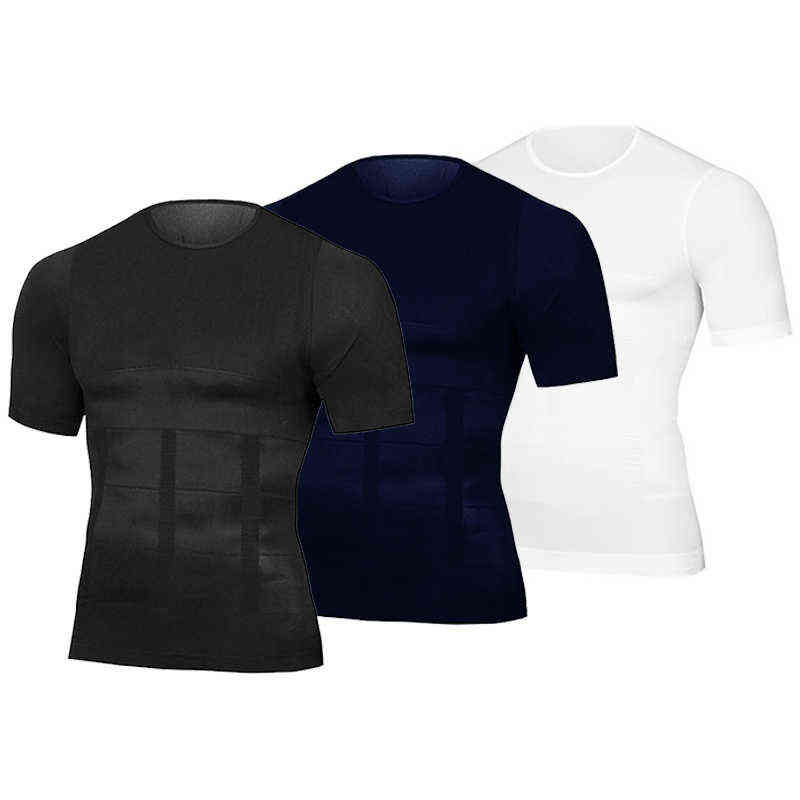 Men Body Toning T-Shirt Body Shaper Corrective Posture Shirt Slimming Belt Belly Abdomen Fat Burning Compression Corset Y220214