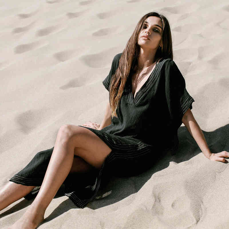 Long Beach Cover up Pareos de Playa Mujer Wear Plus size Bikini Robe Plage Sarong Black Tunic #Q701 210420