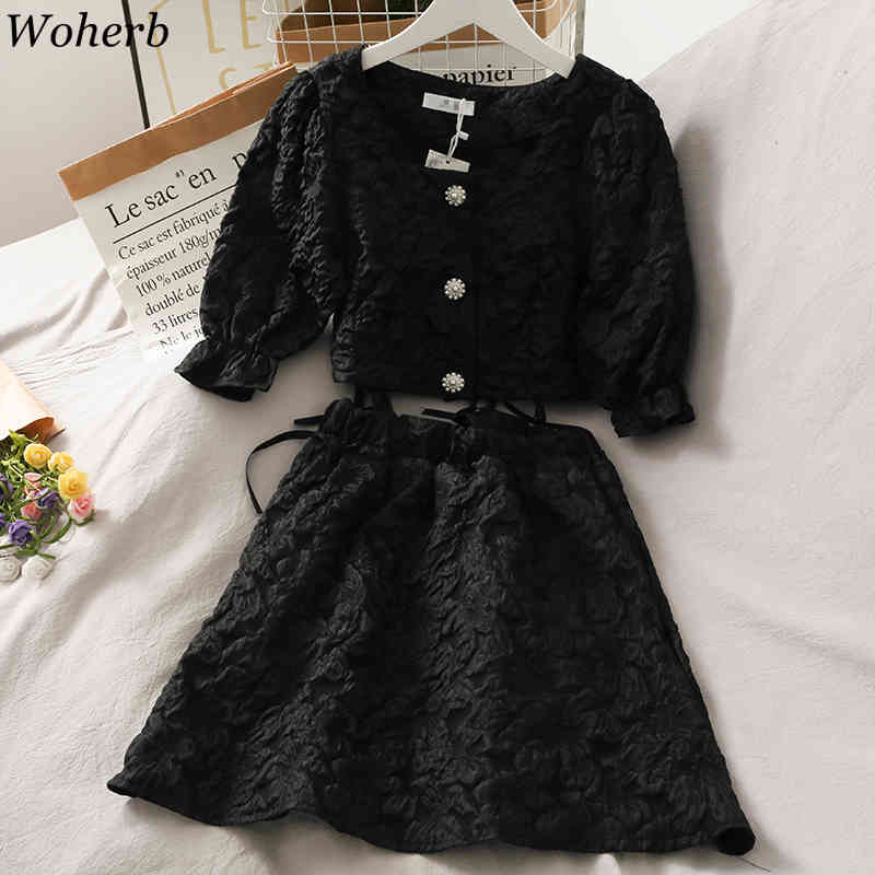 Two Piece Set Summer Floral Crop Top Blouse + High Waist Mini Skirts Korean Fashion Chic Elegant 2 Women 210519