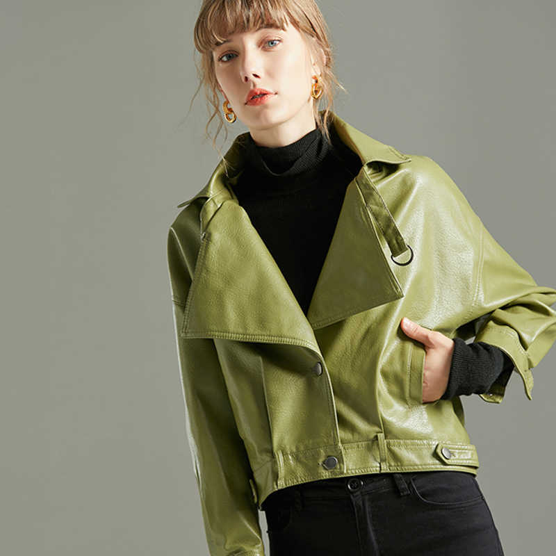 LY VAREY LIN Autumn Women Faux Leather Jacket Loose Turndown Collar Single Breasted Short Coat Pu Red Biker 210526