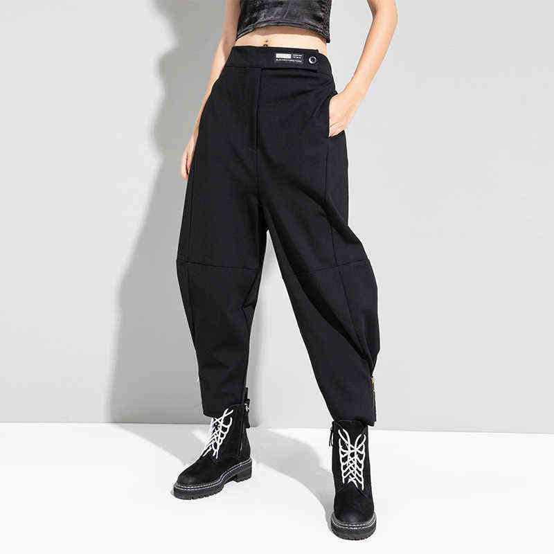 [EAM] High Waist Black Long Wide Leg Zipper Striped Trousers Loose Fit Pants Women Fashion Spring Autumn 1DD1519 211115