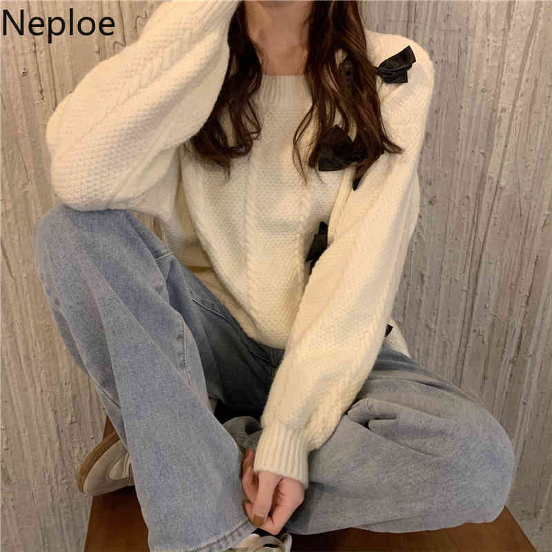 Neploe Korean Sweet Knitwear Pullovers Chic Bow O-neck Long Sleeve Knitted Sweater Women Sueter Mujer Loose All-match Red Tops 210422