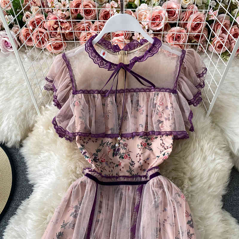 Gagarich Women Dress Summer French Palace Style Ladies Vintage Celebrity Temperament Tie Collar Ruffle Printed Mesh Vestido 210409