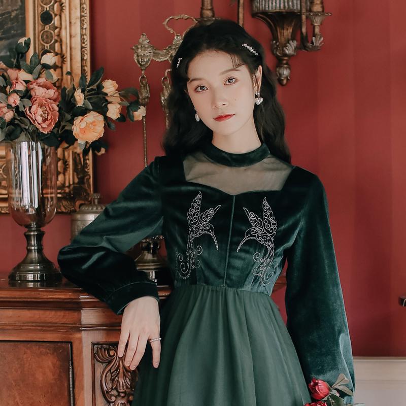 Fashion Women's Clothing Autumn Stand Vintage Full Mid-Calf Dresses Casual