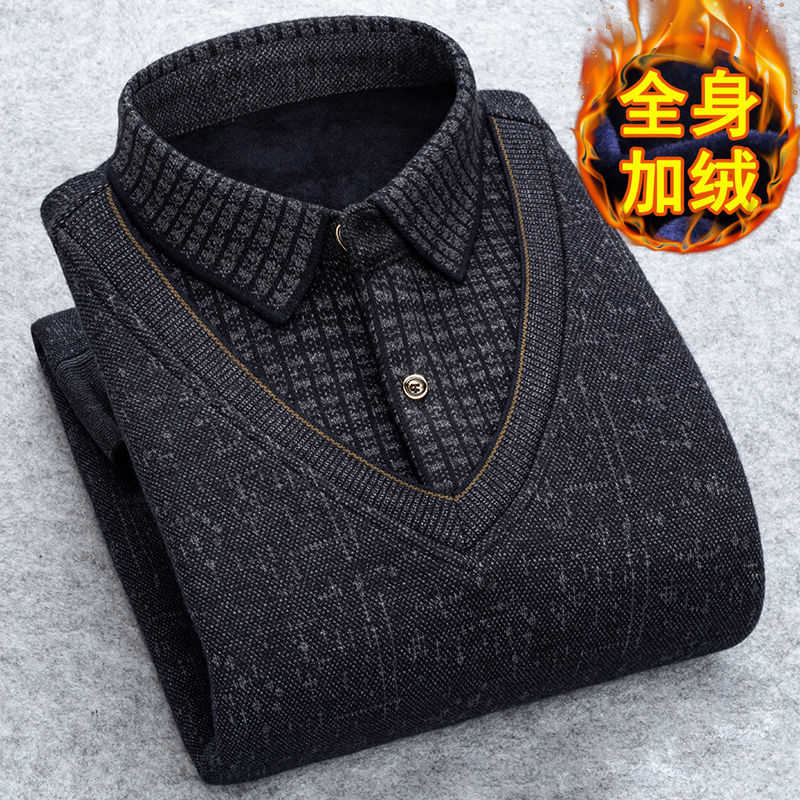 Autumn Winter Man Fleece Shirt-collar Sweater Fashion Grid Solid Thicken Warm Sweater Male Plus Velvet thicken Sweater M-3XL 211008