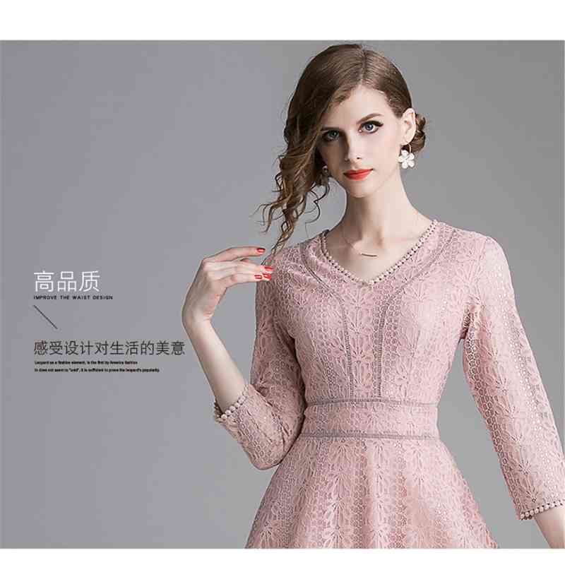Spring Lace Dress Work Casual Slim Women Party es V-Neck Sexy Hollow Out Pink Long Vestidos 210520