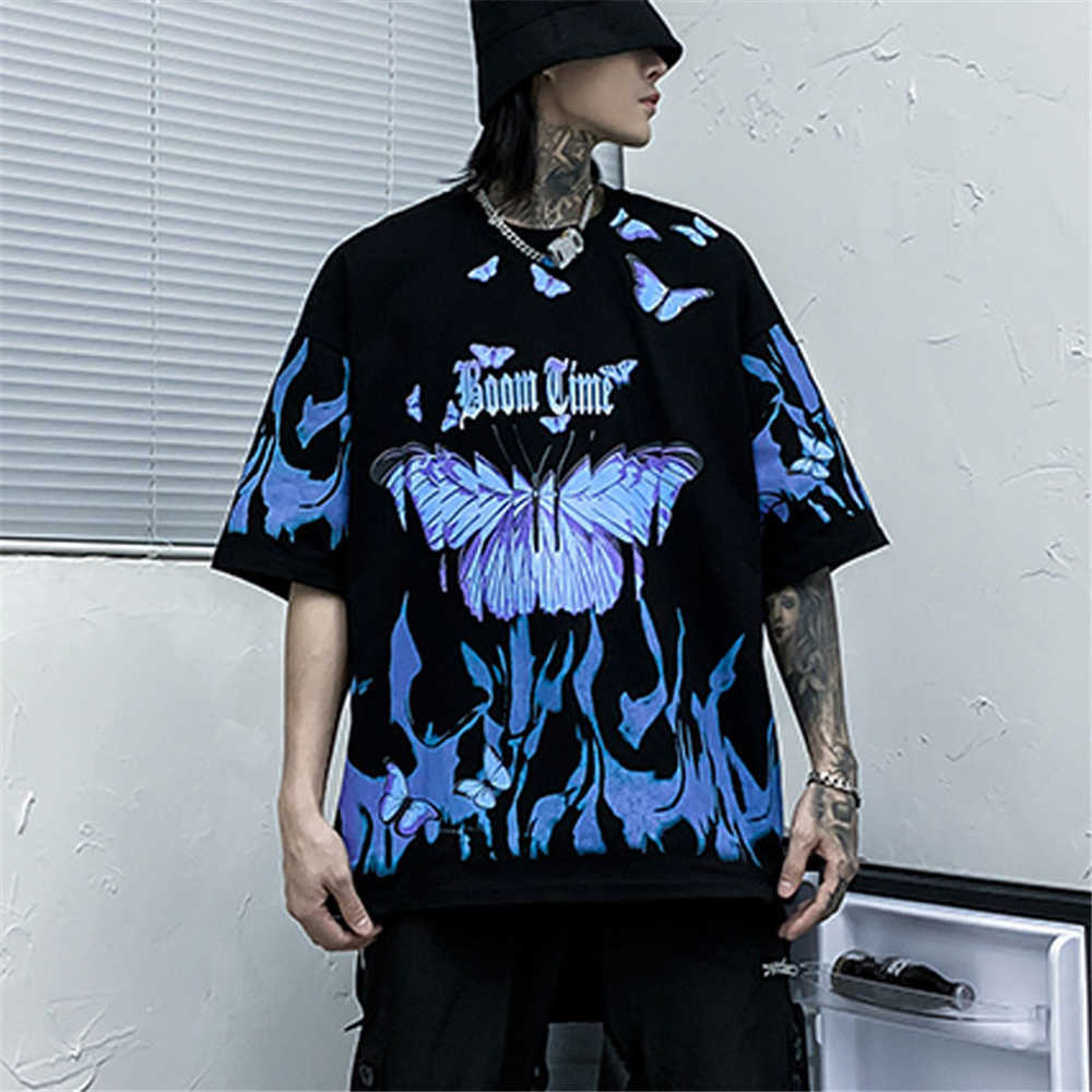 Men's T-shirt Butterflies In Flame Printed Short Sleeve Hip Hop Oversized Cotton Casual Harajuku Streetwear Tops Tee T-shirts 210601
