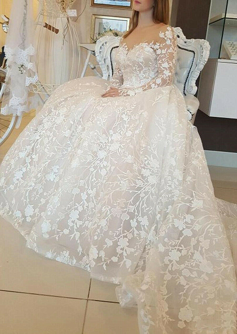 Long Sleeve A Line Lace Wedding Dresses Tulle Appliques Backless Sweep Train